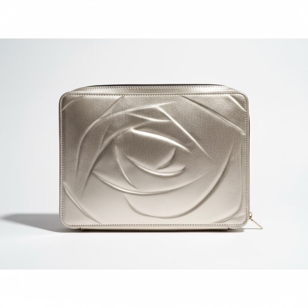 LANCOME Gold Cosmetic Travel Bag Rose Embossed Carry Case Vanity Organizer - #1
